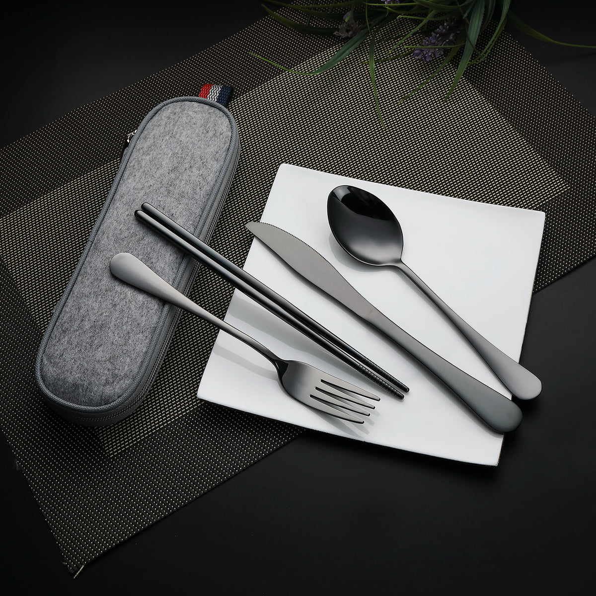 DEVICO Camping Utensils, Portable Travel Utensils with Case, Stainless Steel Reusable Silverware for Lunch Adult, 5Pcs Cutlery Set Includes Knife Spoon Fork Chopsticks and Case (Black)