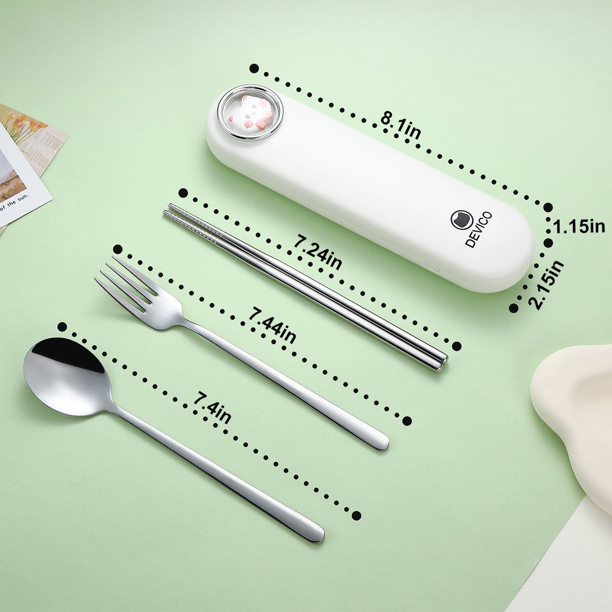 DEVICO Travel Utensils with Case Cute, Reusable Silverware for Lunch, Portable Cutlery Set, 18/8 Stainless Steel Fork Spoon Chopsticks in Cartoon Case, Dishwasher Safe (White)