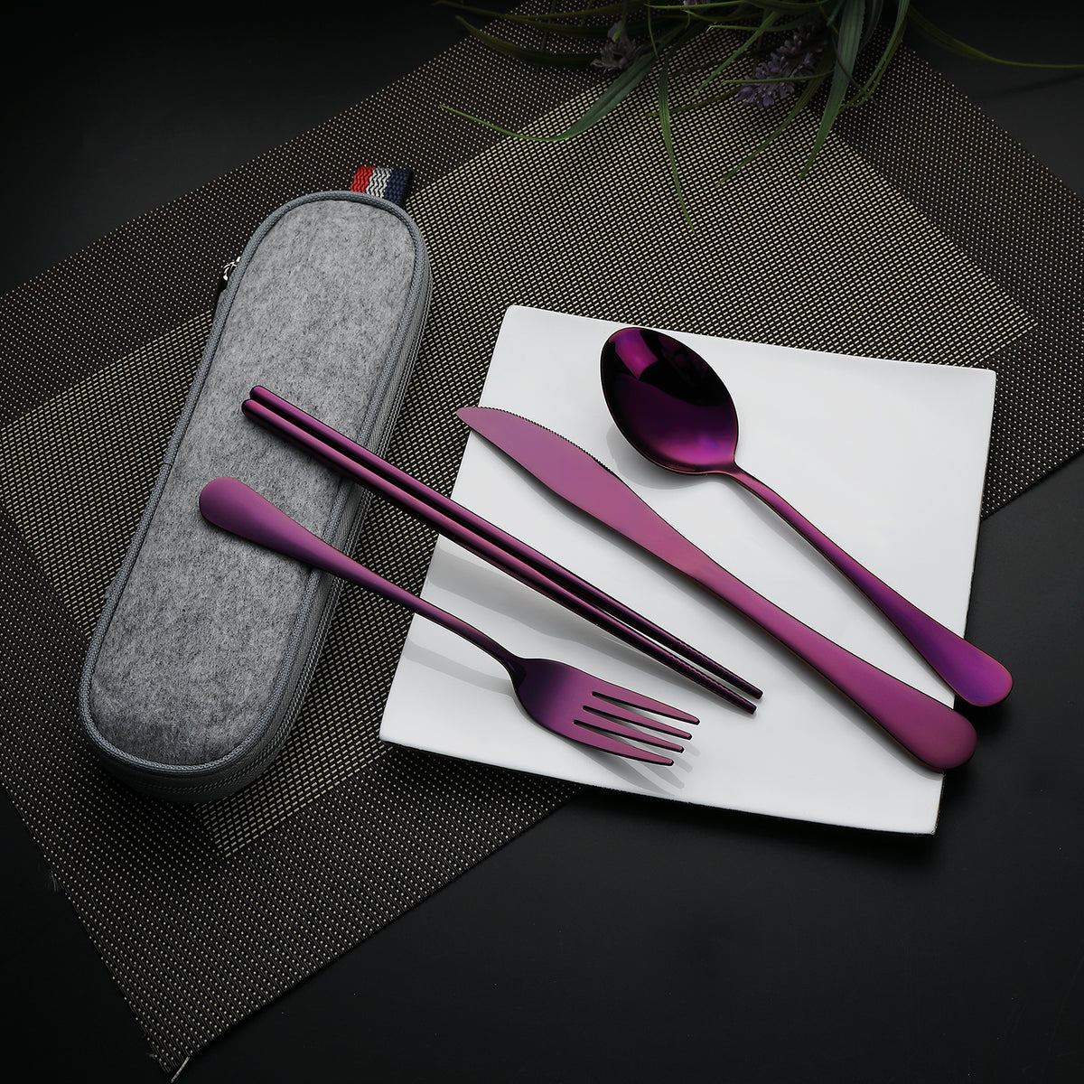 DEVICO Camping Utensils, Portable Travel Utensils with Case, Stainless Steel Reusable Silverware for Lunch Adult, 5Pcs Cutlery Set Includes Knife Spoon Fork Chopsticks and Case (Purple)