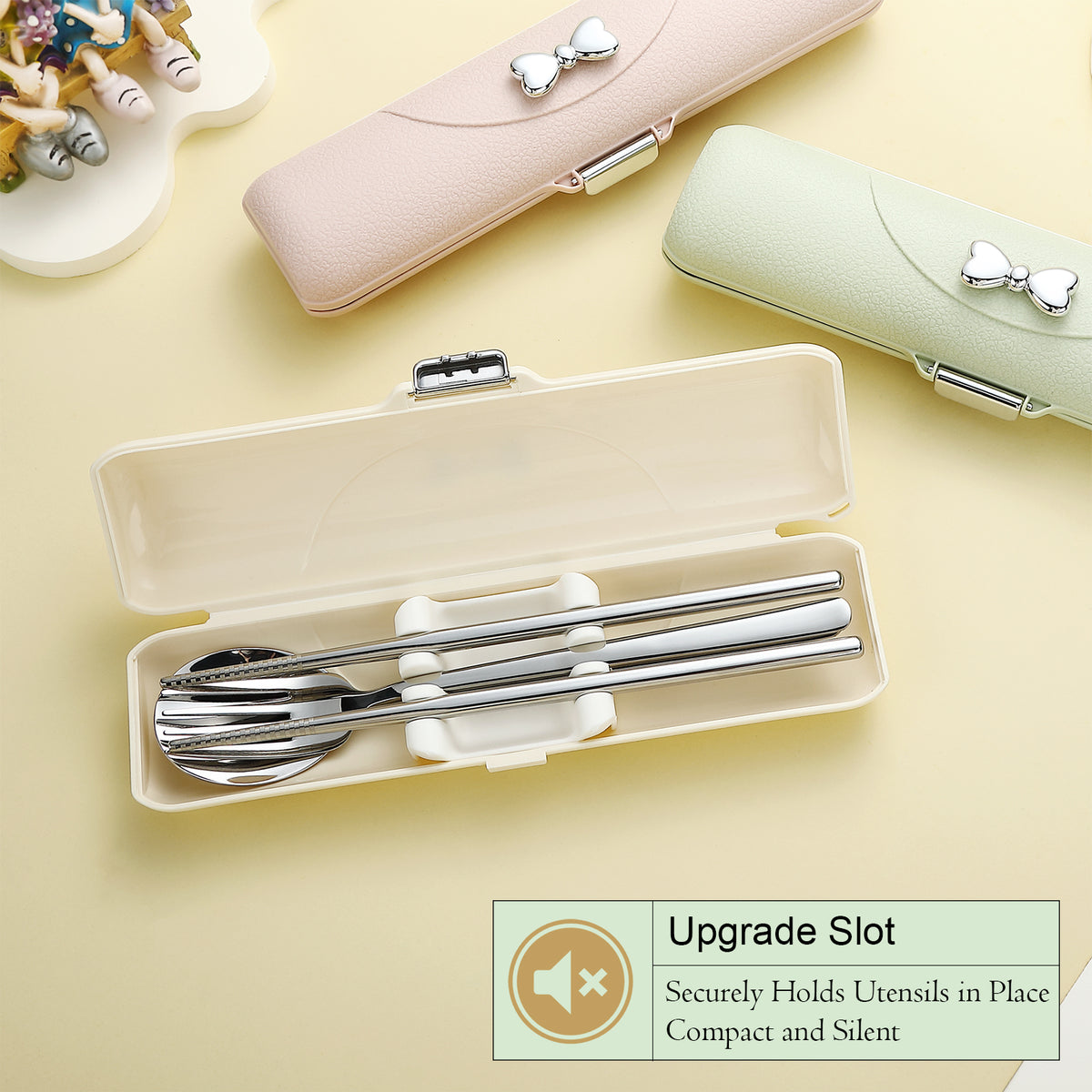 DEVICO Travel Silverware Set with Case, Portable Lunch Utensils Set for Work, Reusable Travel Cutlery Set, 18/8 Stainless Steel Flatware for Camping School Picnic, Dishwasher Safe (Yellow)
