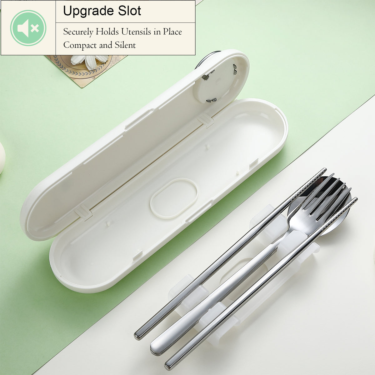 DEVICO Travel Utensils with Case Cute, Reusable Silverware for Lunch, Portable Cutlery Set, 18/8 Stainless Steel Fork Spoon Chopsticks in Cartoon Case, Dishwasher Safe (White)