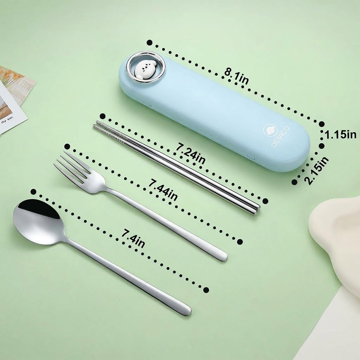 DEVICO Travel Utensils with Case Cute, Reusable Silverware for Lunch, Portable Cutlery Set, 18/8 Stainless Steel Fork Spoon Chopsticks in Cartoon Case, Dishwasher Safe (Blue)