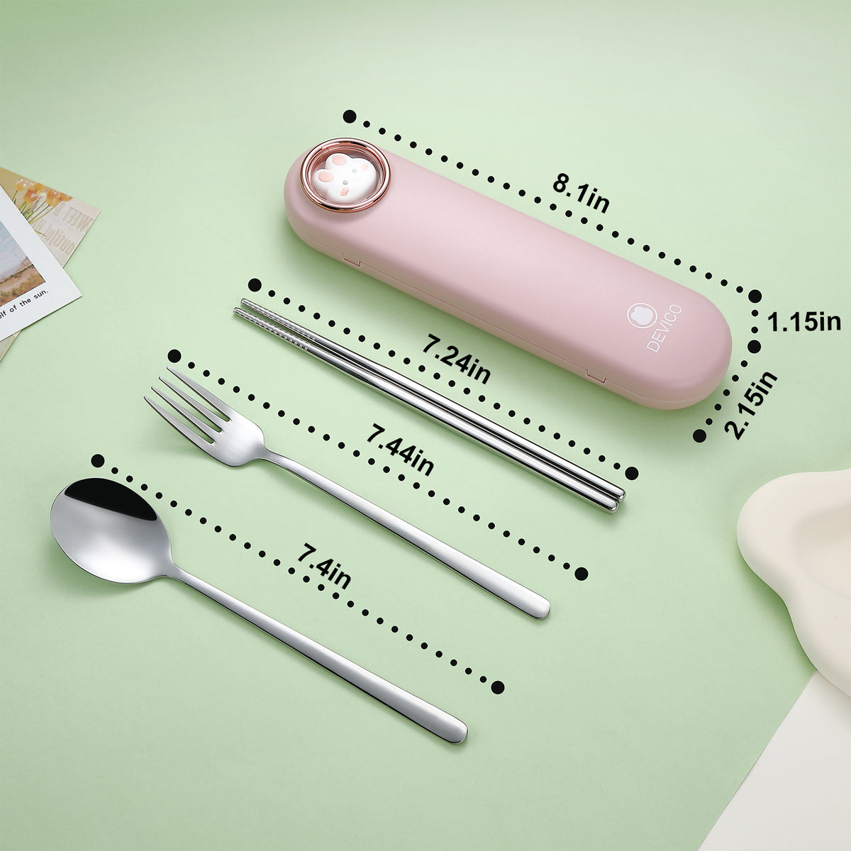 DEVICO Travel Utensils with Case Cute, Reusable Silverware for Lunch, Portable Cutlery Set, 18/8 Stainless Steel Fork Spoon Chopsticks in Cartoon Case, Dishwasher Safe (Pink)