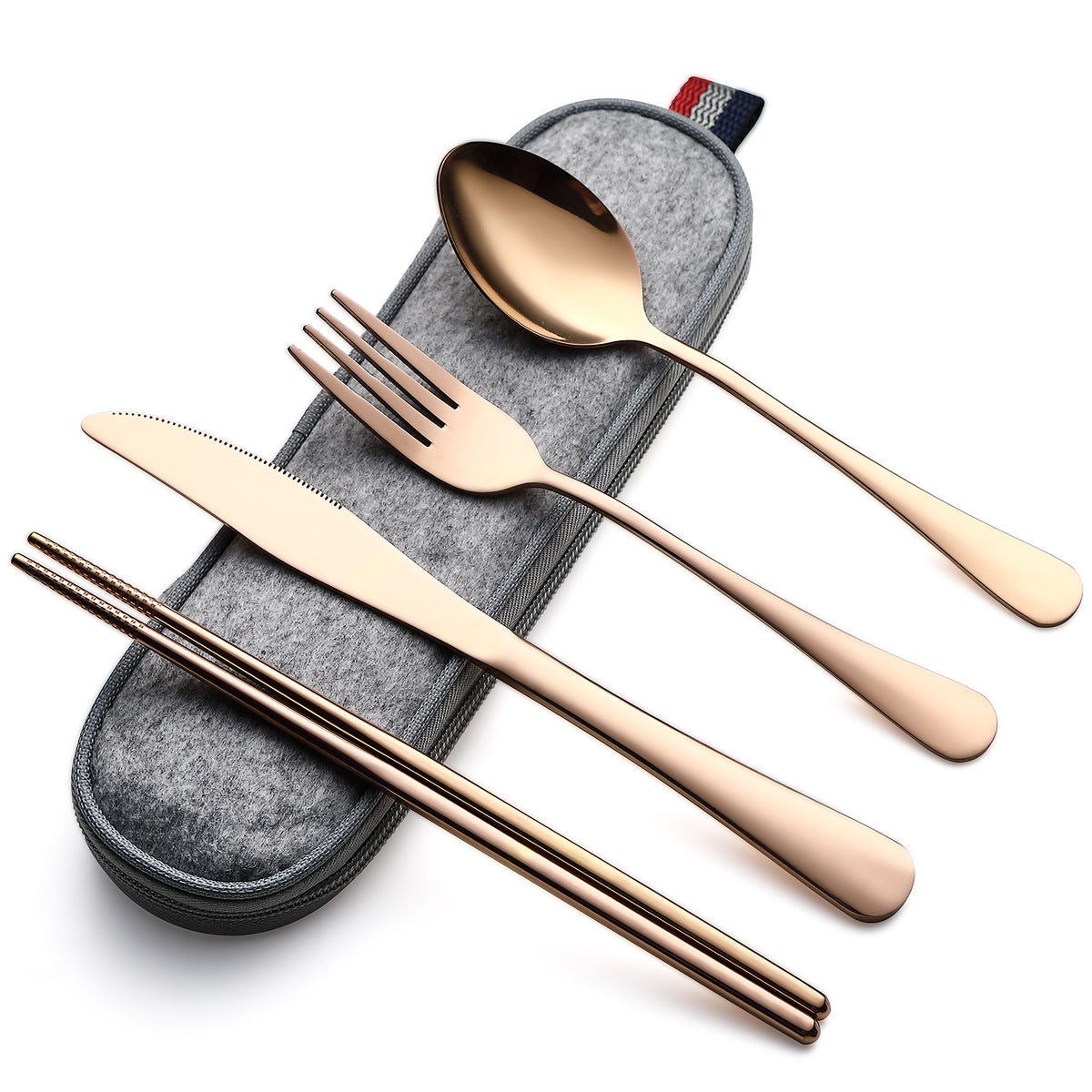DEVICO Camping Utensils, Portable Travel Utensils with Case, Stainless Steel Reusable Silverware for Lunch Adult, 5Pcs Cutlery Set Includes Knife Spoon Fork Chopsticks and Case (Rose Gold)