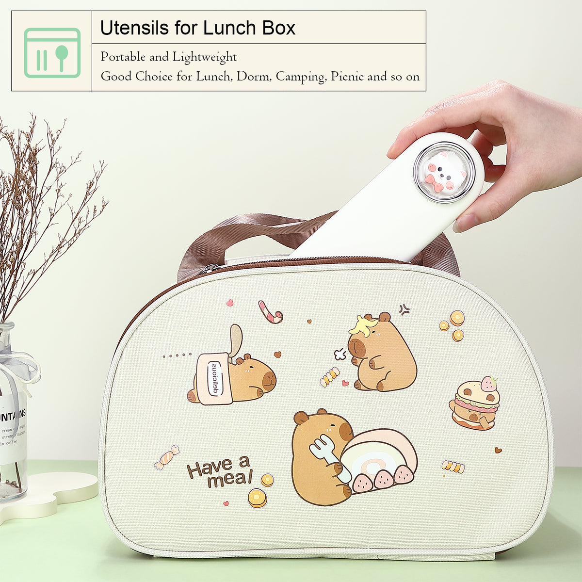 DEVICO Travel Utensils with Case Cute, Reusable Silverware for Lunch, Portable Cutlery Set, 18/8 Stainless Steel Fork Spoon Chopsticks in Cartoon Case, Dishwasher Safe (White)
