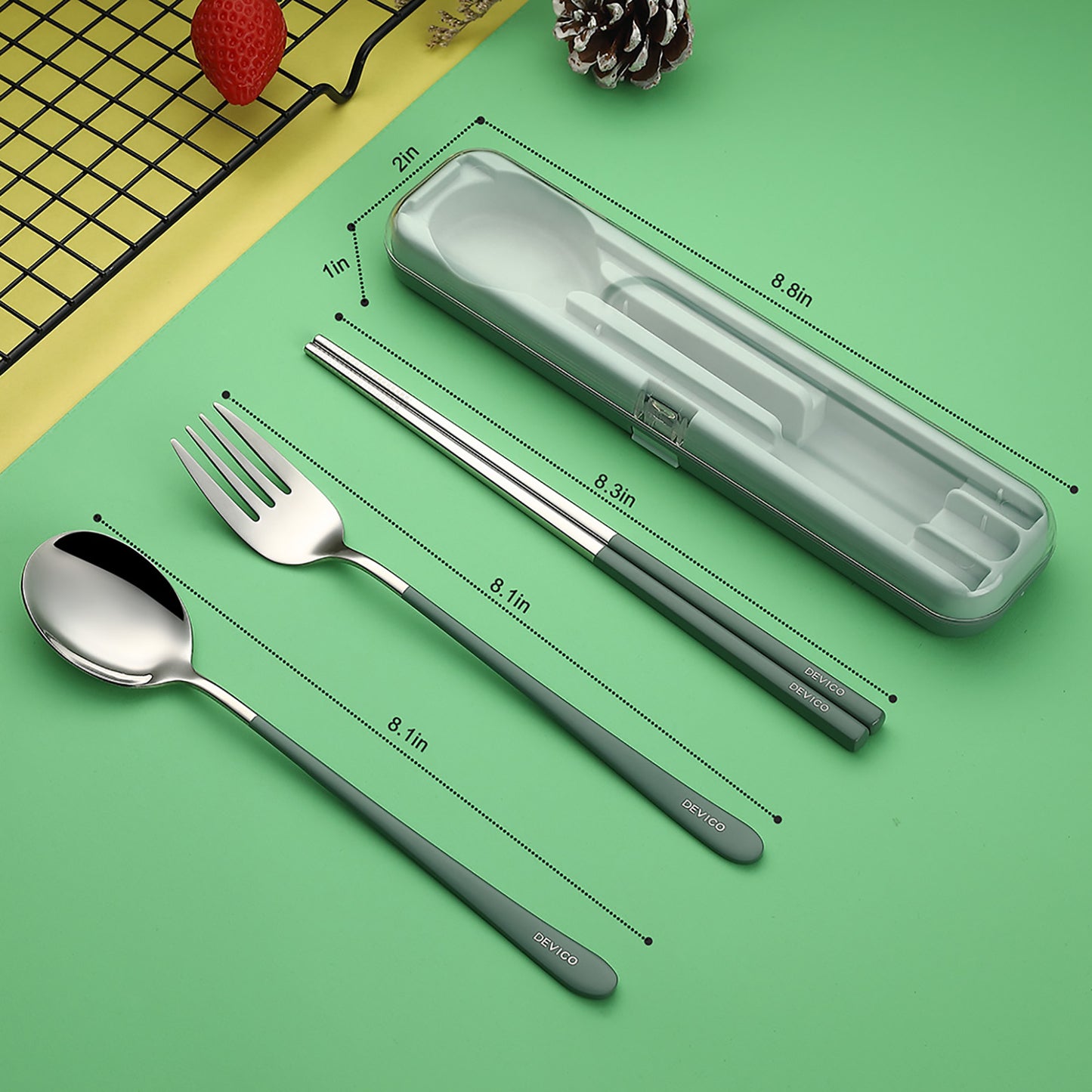 DEVICO Portable Utensils, Travel Reusable Silverware Flatware Set for Lunch, 18/8 Stainless Steel 4-Piece Camping Cutlery Include Fork Spoon Chopsticks with Case (Green)