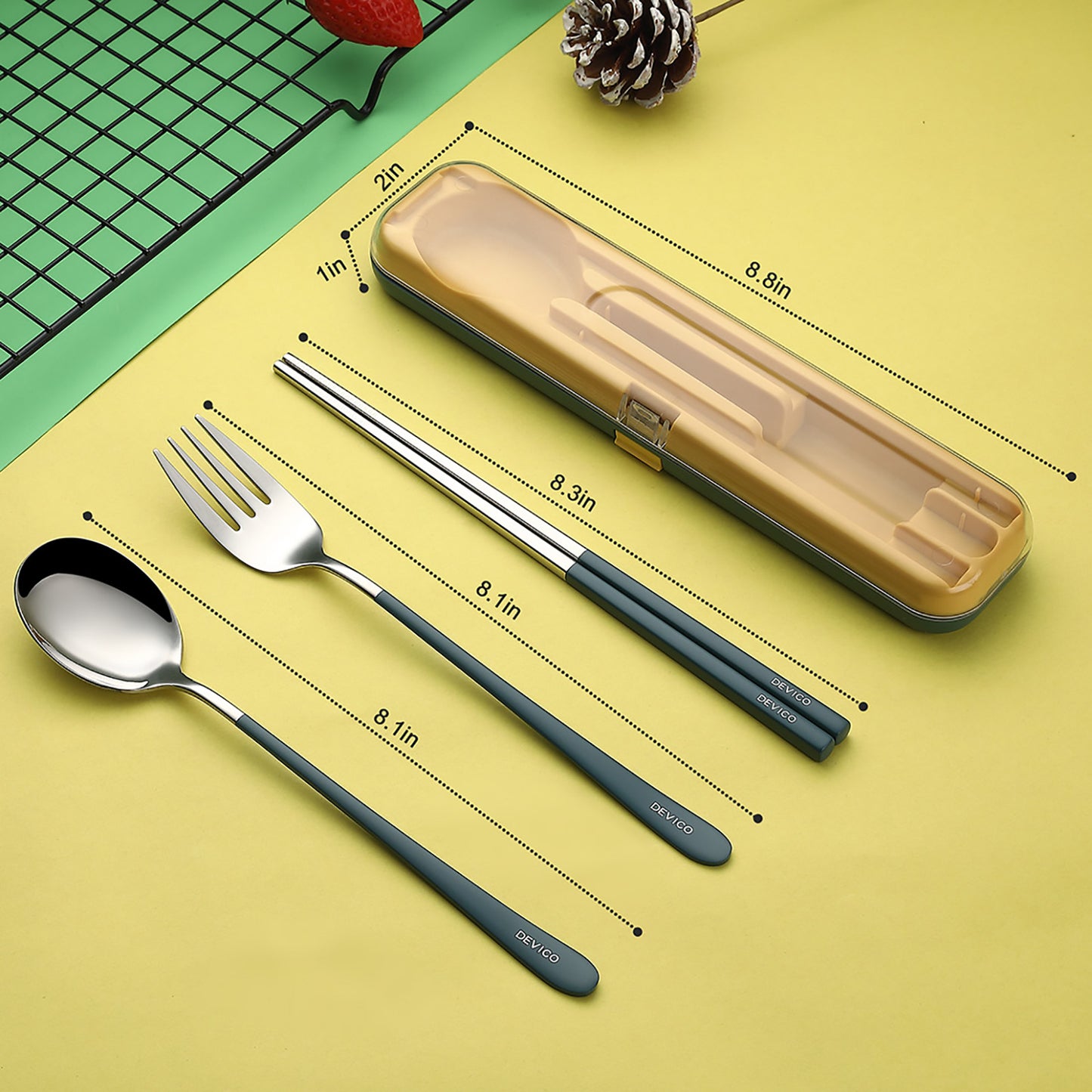 DEVICO Portable Utensils, Travel Reusable Silverware Flatware Set for Lunch, 18/8 Stainless Steel 4-Piece Camping Cutlery Include Fork Spoon Chopsticks with Case (Blue)