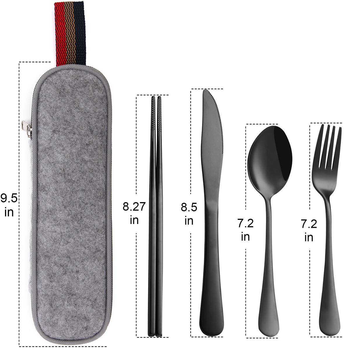 DEVICO Camping Utensils, Portable Travel Utensils with Case, Stainless Steel Reusable Silverware for Lunch Adult, 5Pcs Cutlery Set Includes Knife Spoon Fork Chopsticks and Case (Black)