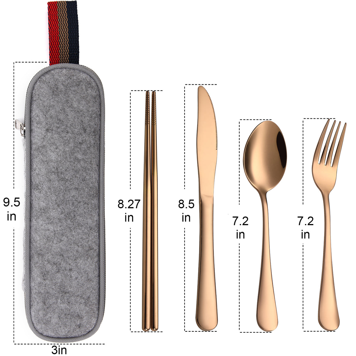DEVICO Camping Utensils, Portable Travel Utensils with Case, Stainless Steel Reusable Silverware for Lunch Adult, 5Pcs Cutlery Set Includes Knife Spoon Fork Chopsticks and Case (Rose Gold)
