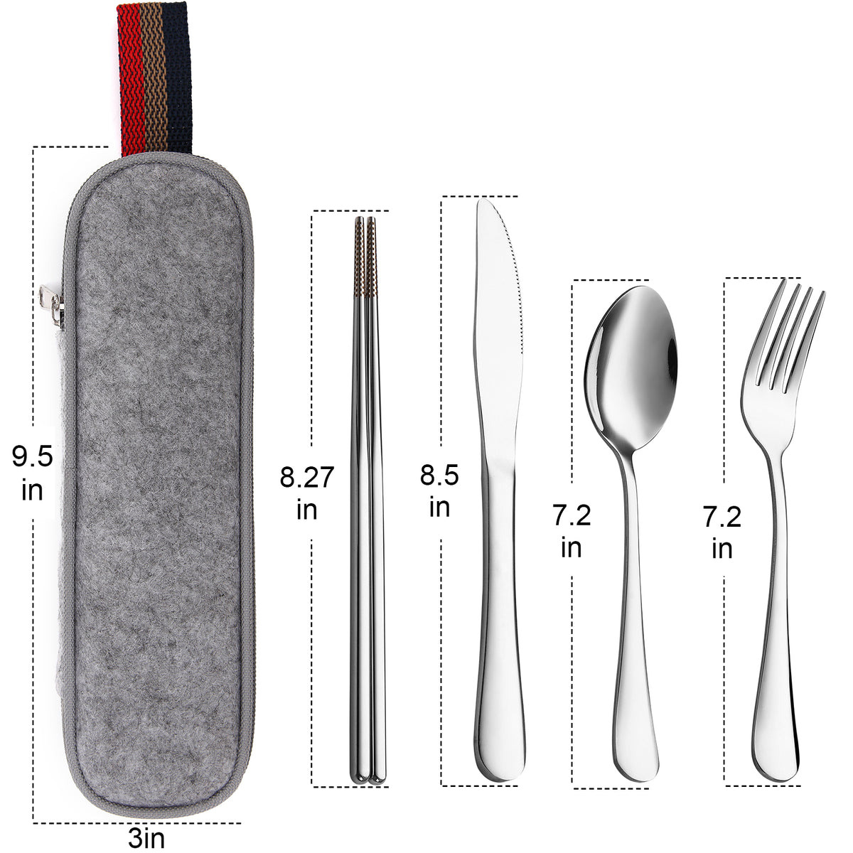 DEVICO Camping Utensils, Portable Travel Utensils with Case, Stainless Steel Reusable Silverware for Lunch Adult, 5Pcs Cutlery Set Includes Knife Spoon Fork Chopsticks and Case (Silver)