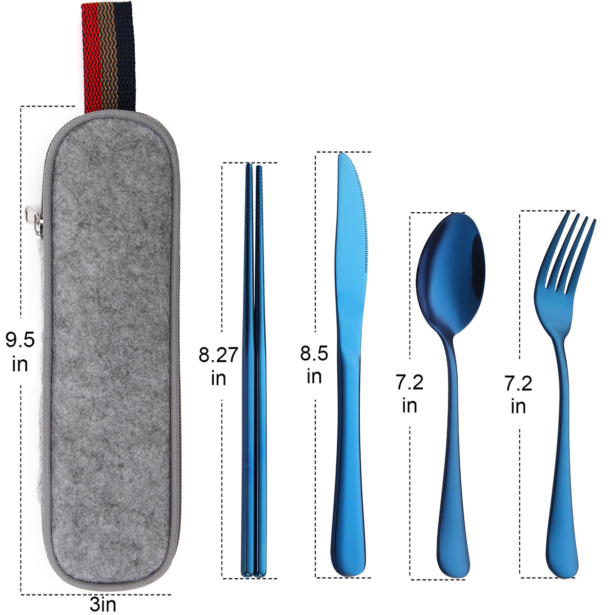 DEVICO Camping Utensils, Portable Travel Utensils with Case, Stainless Steel Reusable Silverware for Lunch Adult, 5Pcs Cutlery Set Includes Knife Spoon Fork Chopsticks and Case (Blue)