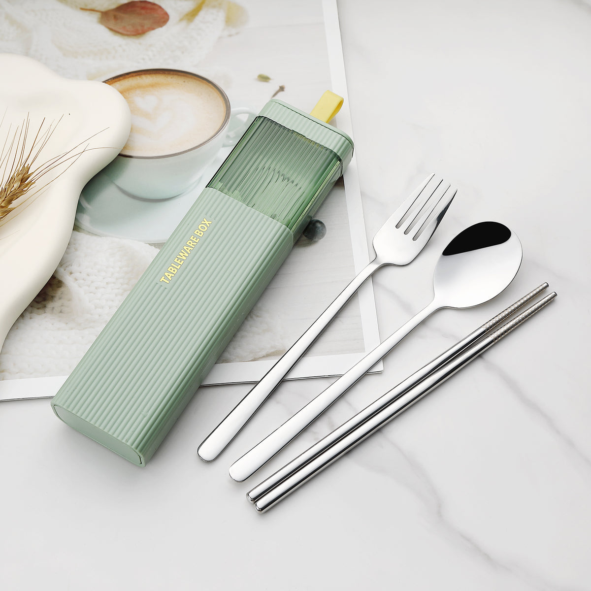 DEVICO Travel Utensils with Case, 18/8 Stainless Steel Reusable Silverware Set for Lunch Box, Portable Cutlery Set, Fork and Spoon Set for Camping, Lunch, Picnic, Workplace, School (Green)