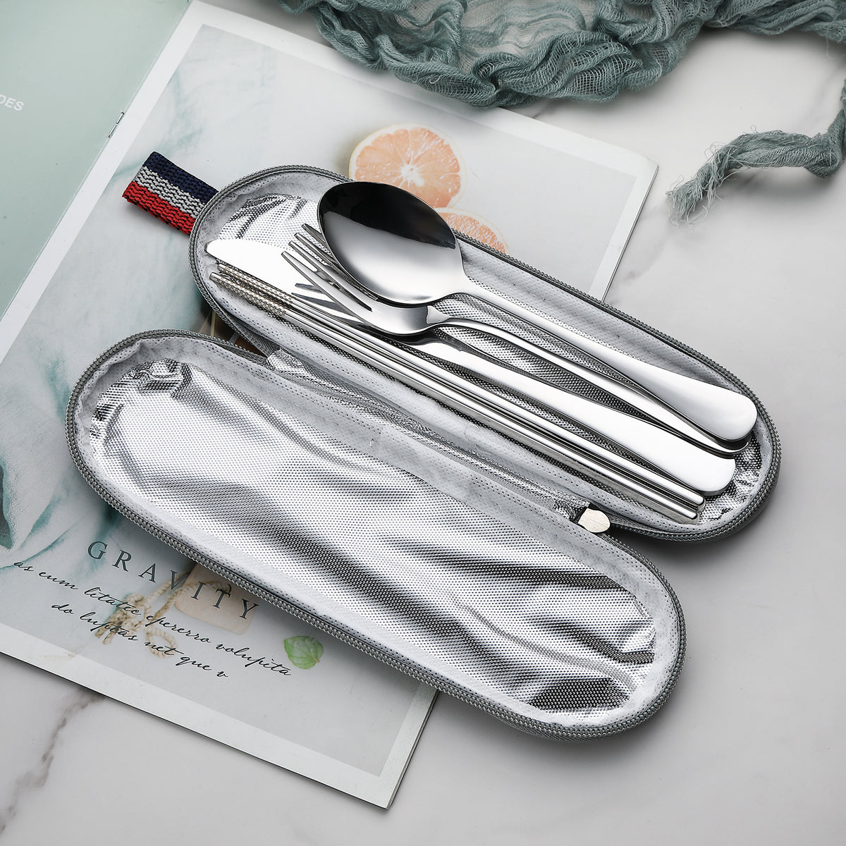 DEVICO Camping Utensils, Portable Travel Utensils with Case, Stainless Steel Reusable Silverware for Lunch Adult, 5Pcs Cutlery Set Includes Knife Spoon Fork Chopsticks and Case (Silver)