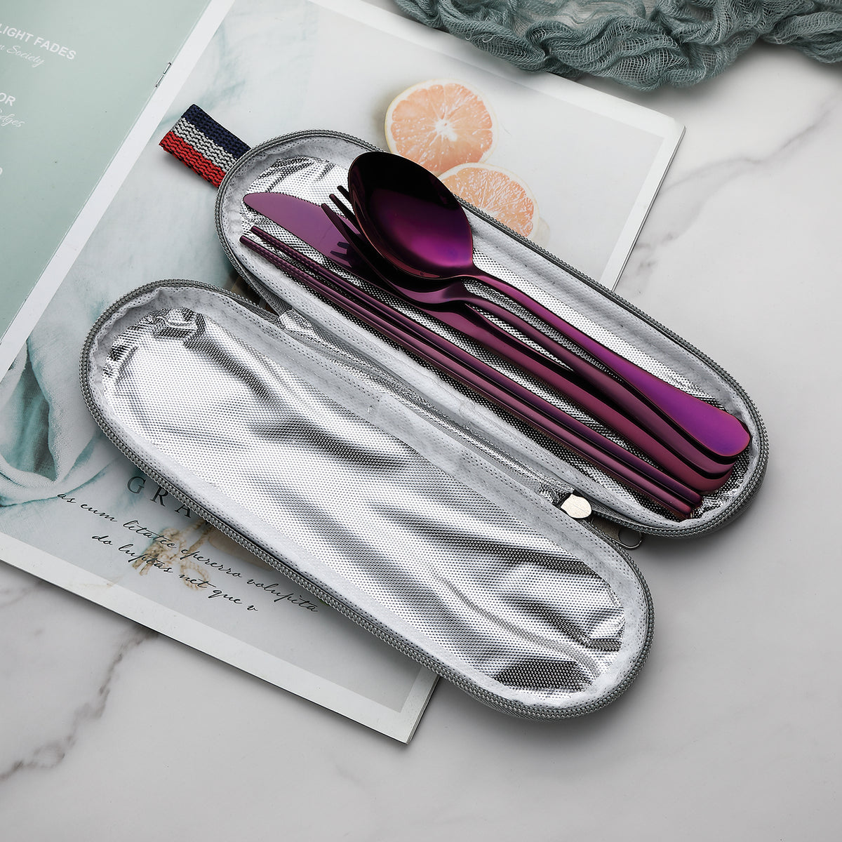 DEVICO Camping Utensils, Portable Travel Utensils with Case, Stainless Steel Reusable Silverware for Lunch Adult, 5Pcs Cutlery Set Includes Knife Spoon Fork Chopsticks and Case (Purple)