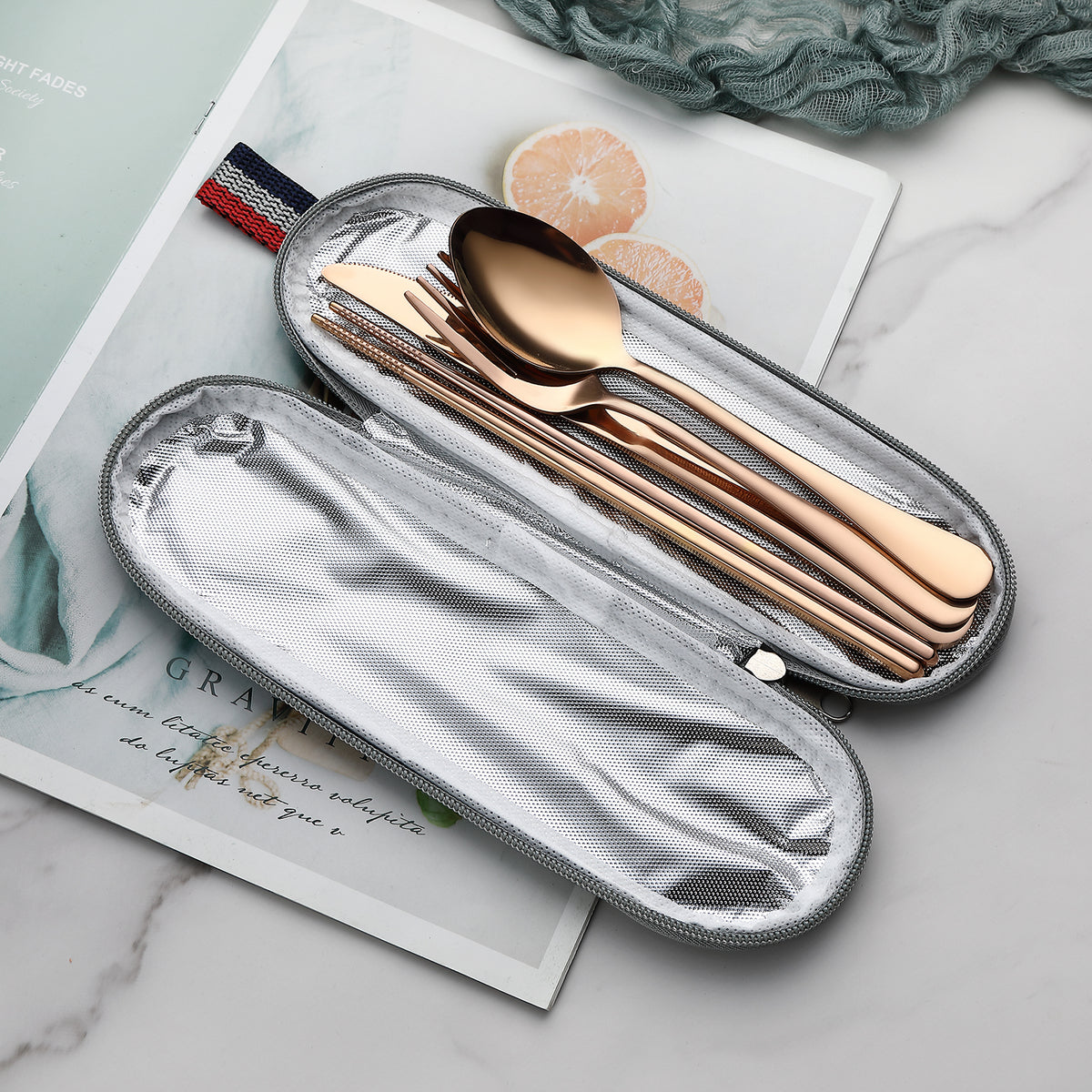 DEVICO Camping Utensils, Portable Travel Utensils with Case, Stainless Steel Reusable Silverware for Lunch Adult, 5Pcs Cutlery Set Includes Knife Spoon Fork Chopsticks and Case (Rose Gold)