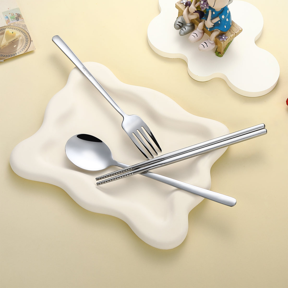DEVICO Travel Utensils with Case Cute, Reusable Silverware for Lunch, Portable Cutlery Set, 18/8 Stainless Steel Fork Spoon Chopsticks in Cartoon Case, Dishwasher Safe (Blue)