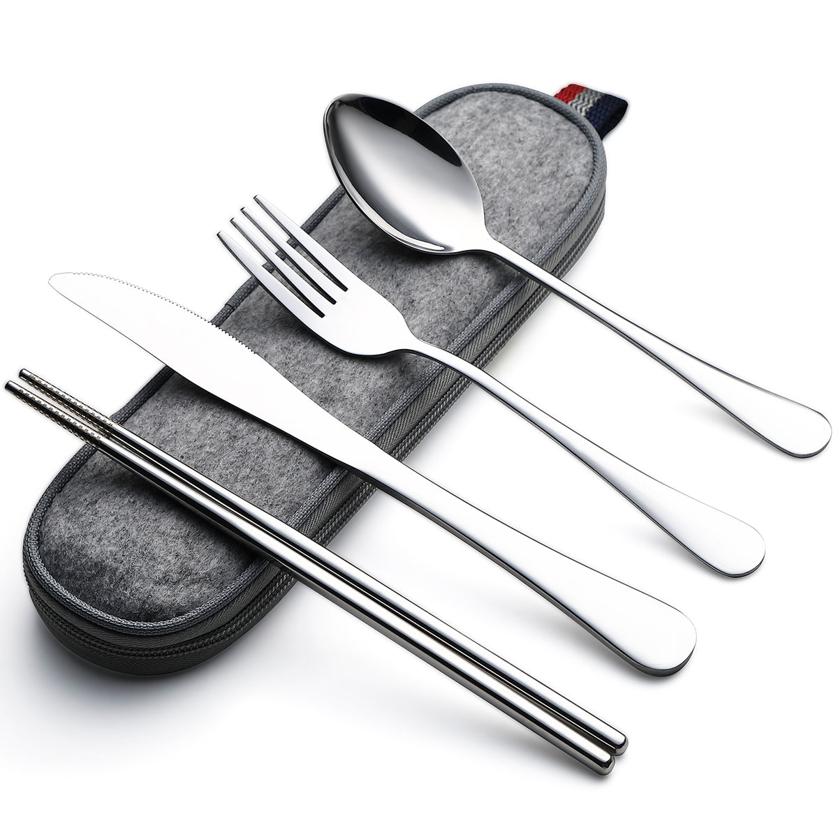 DEVICO Camping Utensils, Portable Travel Utensils with Case, Stainless Steel Reusable Silverware for Lunch Adult, 5Pcs Cutlery Set Includes Knife Spoon Fork Chopsticks and Case (Silver)