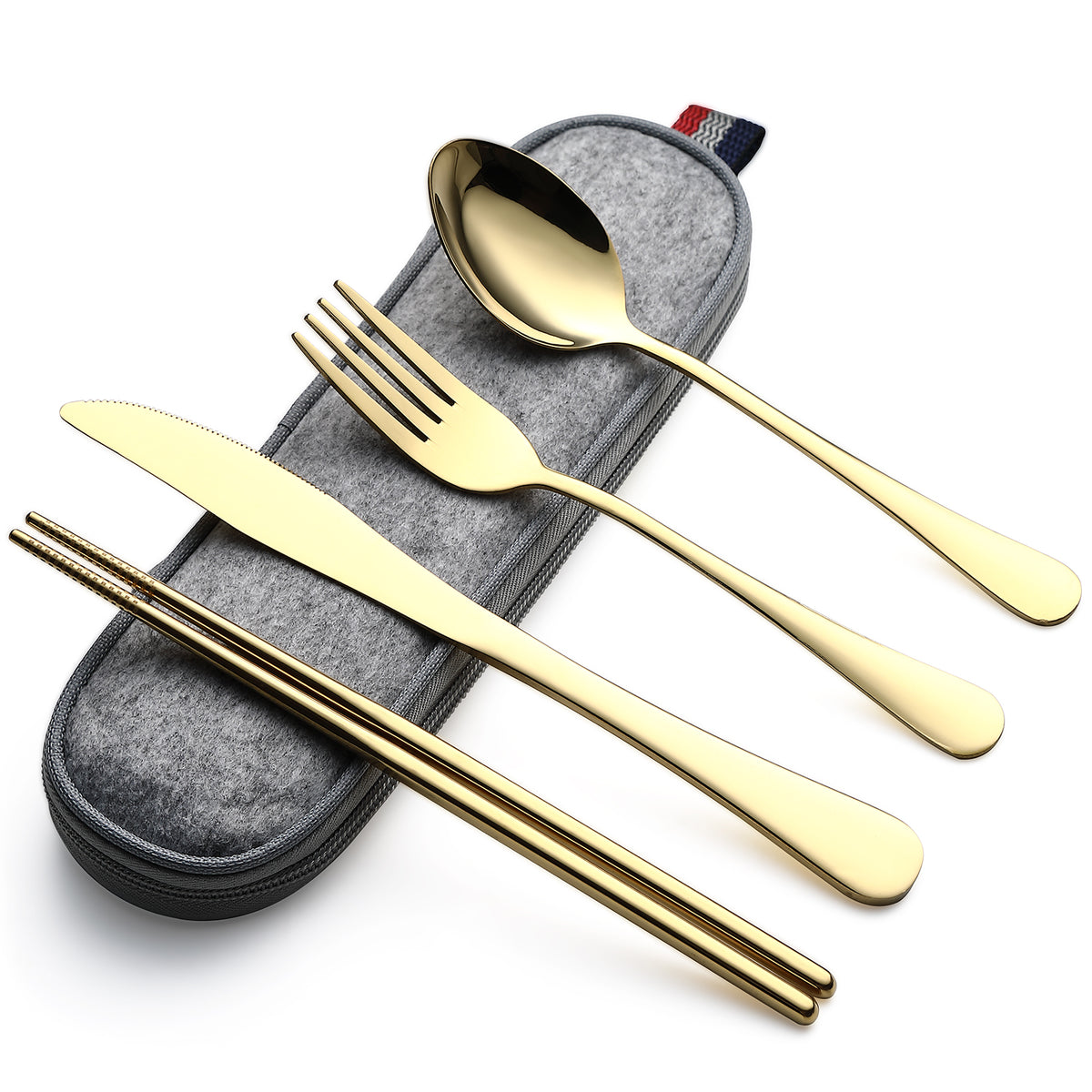 DEVICO Camping Utensils, Portable Travel Utensils with Case, Stainless Steel Reusable Silverware for Lunch Adult, 5Pcs Cutlery Set Includes Knife Spoon Fork Chopsticks and Case (Gold)