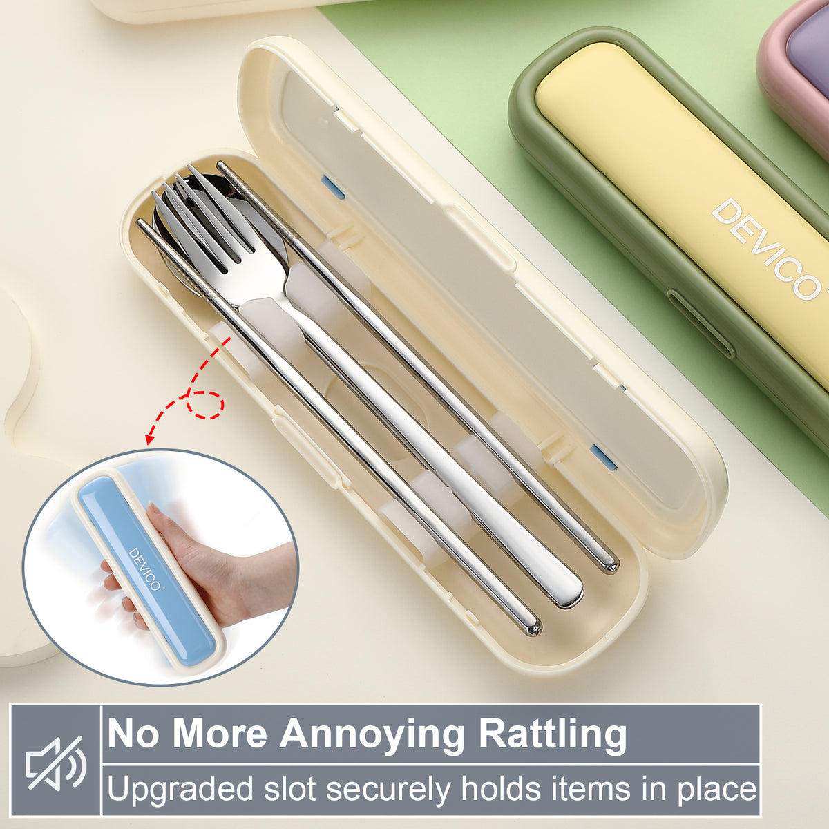 Utensils for Lunch Box, DEVICO Travel Silverware Set with Case, Portable Camping Cutlery, 18/8 Stainless Steel Reusable Korean Spoon Fork Chopsticks for School, Office, Dishwasher Safe (Beige-Blue)