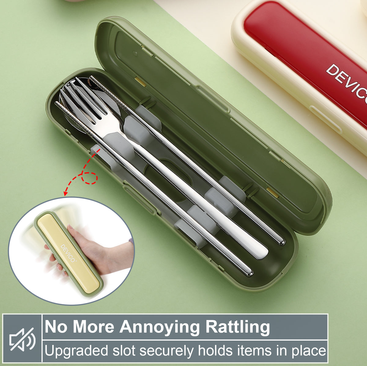 Utensils for Lunch Box, DEVICO Travel Silverware Set with Case, Portable Camping Cutlery, 18/8 Stainless Steel Reusable Korean Spoon Fork Chopsticks for School, Office, Dishwasher Safe (Green-Yellow)