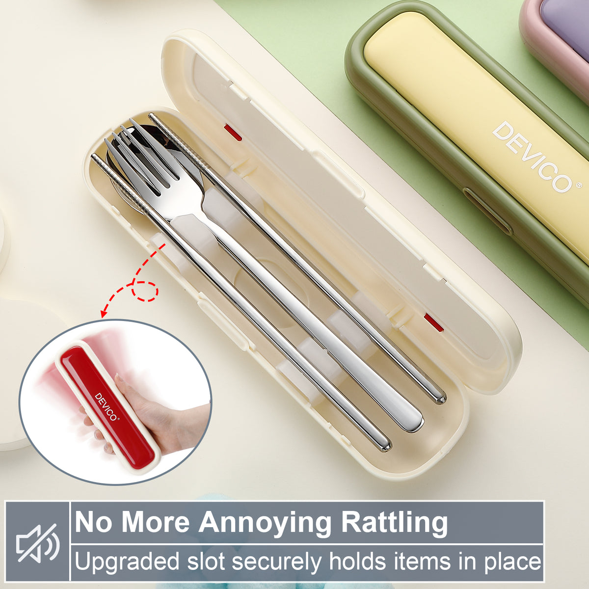 Utensils for Lunch Box, DEVICO Travel Silverware Set with Case, Portable Camping Cutlery, 18/8 Stainless Steel Reusable Korean Spoon Fork Chopsticks for School, Office, Dishwasher Safe (Beige-Red)
