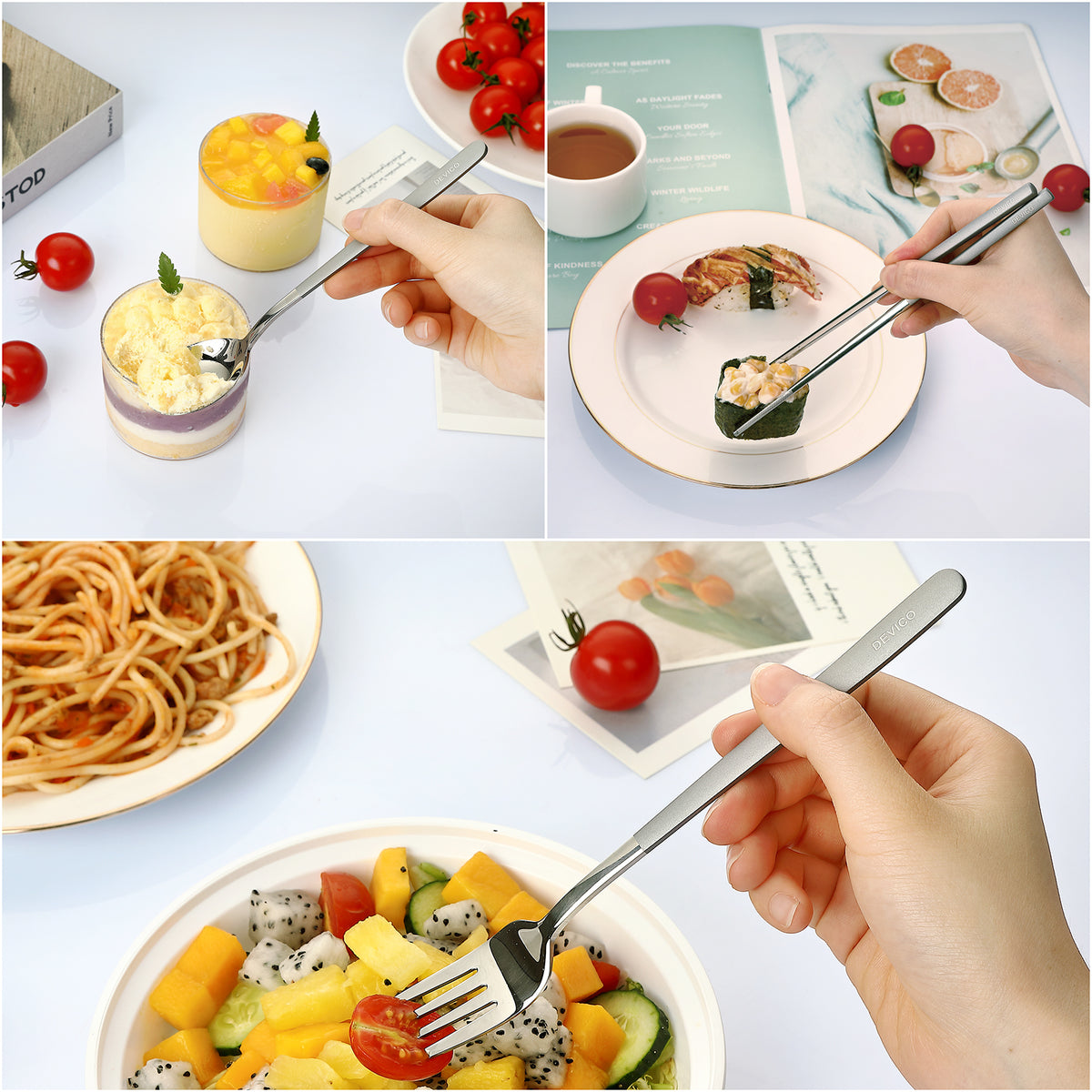 DEVICO Travel Utensils, 18/8 Stainless Steel Portable Reusable Camping Silverware Cutlery Flatware Set, 4-Piece Include Fork Spoon Chopsticks with Case (Gray)