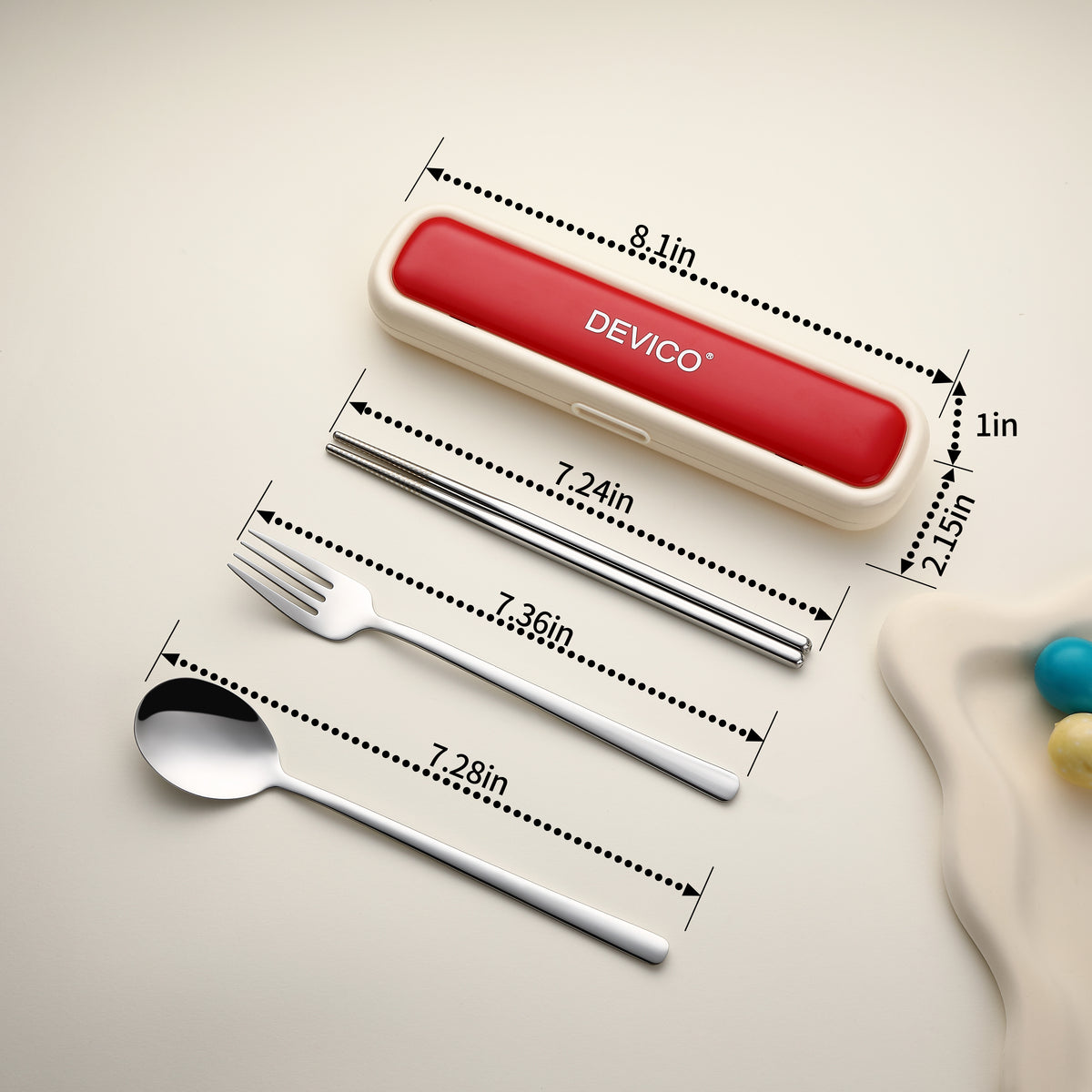 Utensils for Lunch Box, DEVICO Travel Silverware Set with Case, Portable Camping Cutlery, 18/8 Stainless Steel Reusable Korean Spoon Fork Chopsticks for School, Office, Dishwasher Safe (Beige-Red)