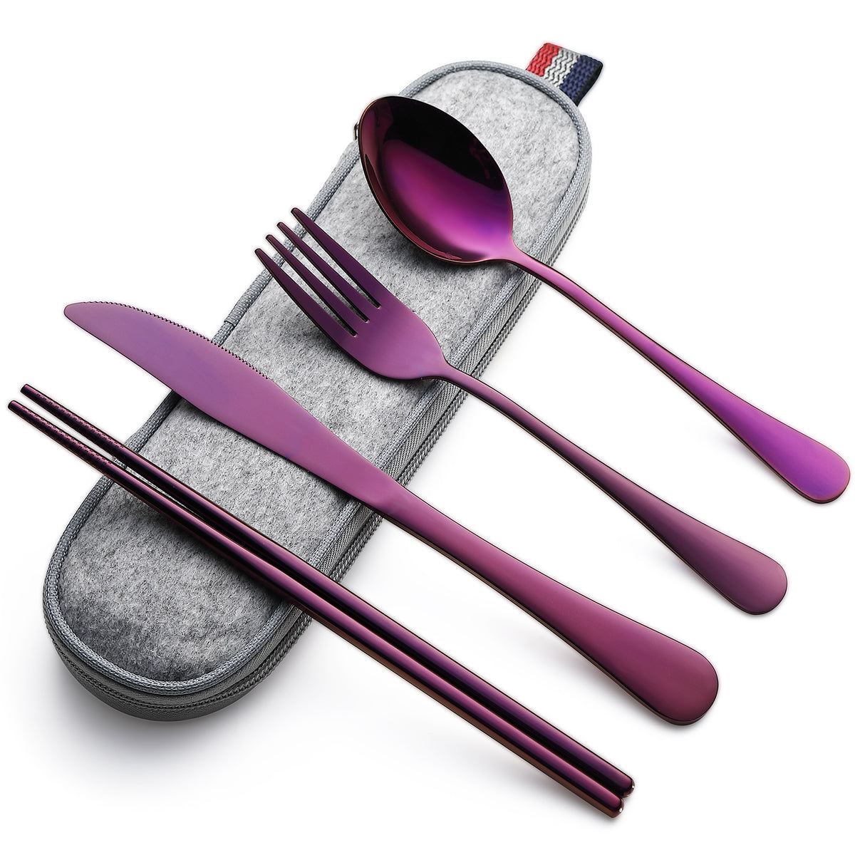 DEVICO Camping Utensils, Portable Travel Utensils with Case, Stainless Steel Reusable Silverware for Lunch Adult, 5Pcs Cutlery Set Includes Knife Spoon Fork Chopsticks and Case (Purple)