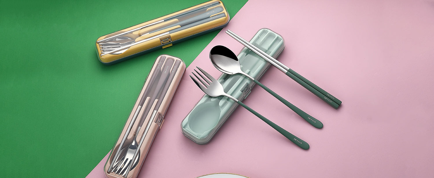 Load video: DEVICO Portable Utensils, Travel Reusable Silverware Flatware Set for Lunch, 18/8 Stainless Steel 4-Piece Camping Cutlery Include Fork Spoon Chopsticks with Case