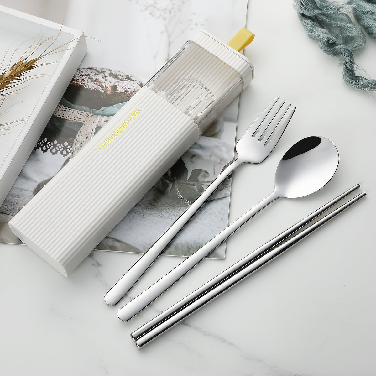 DEVICO Travel Utensils with Case, 18/8 Stainless Steel Reusable Silverware Set for Lunch Box, Portable Cutlery Set, Fork and Spoon Set for Camping, Lunch, Picnic, Workplace, School (White)