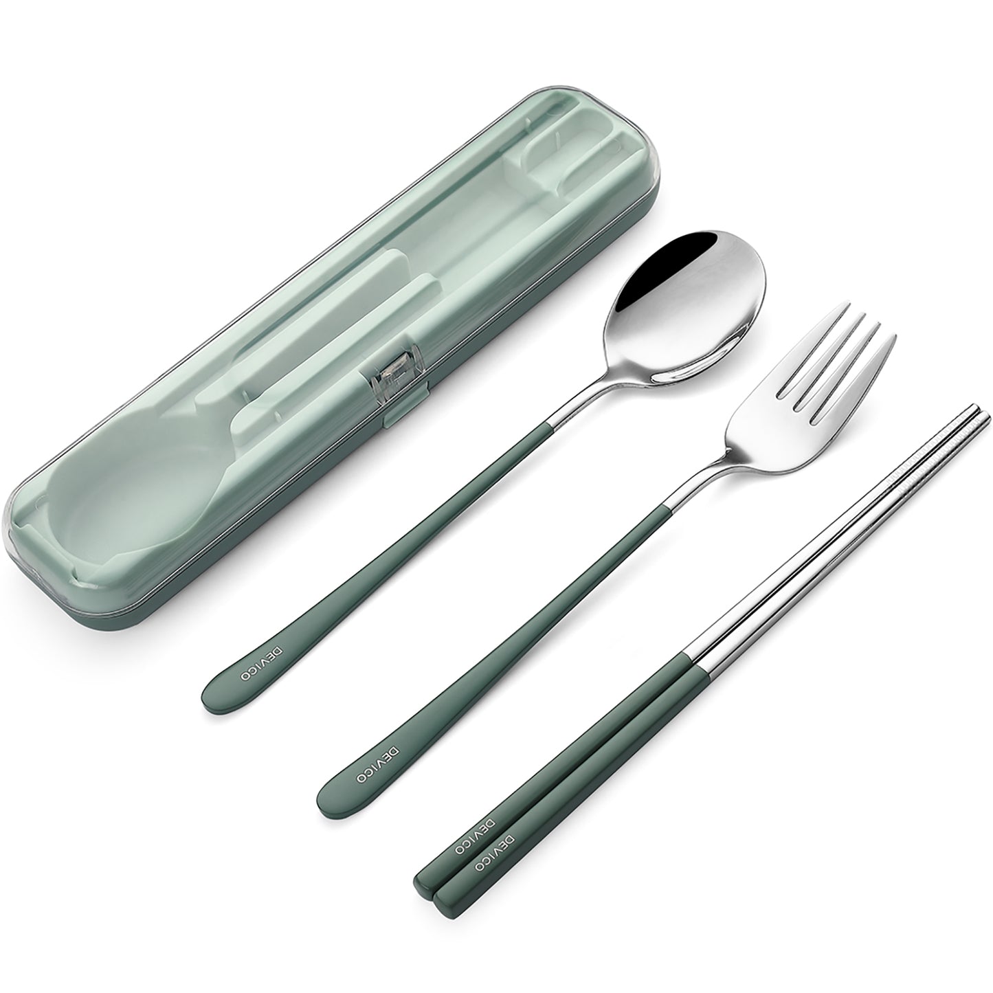 DEVICO Portable Utensils, Travel Reusable Silverware Flatware Set for Lunch, 18/8 Stainless Steel 4-Piece Camping Cutlery Include Fork Spoon Chopsticks with Case (Green)