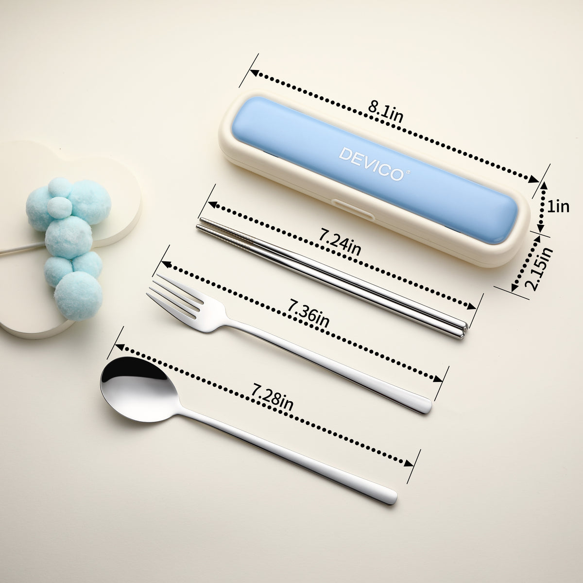 Utensils for Lunch Box, DEVICO Travel Silverware Set with Case, Portable Camping Cutlery, 18/8 Stainless Steel Reusable Korean Spoon Fork Chopsticks for School, Office, Dishwasher Safe (Beige-Blue)