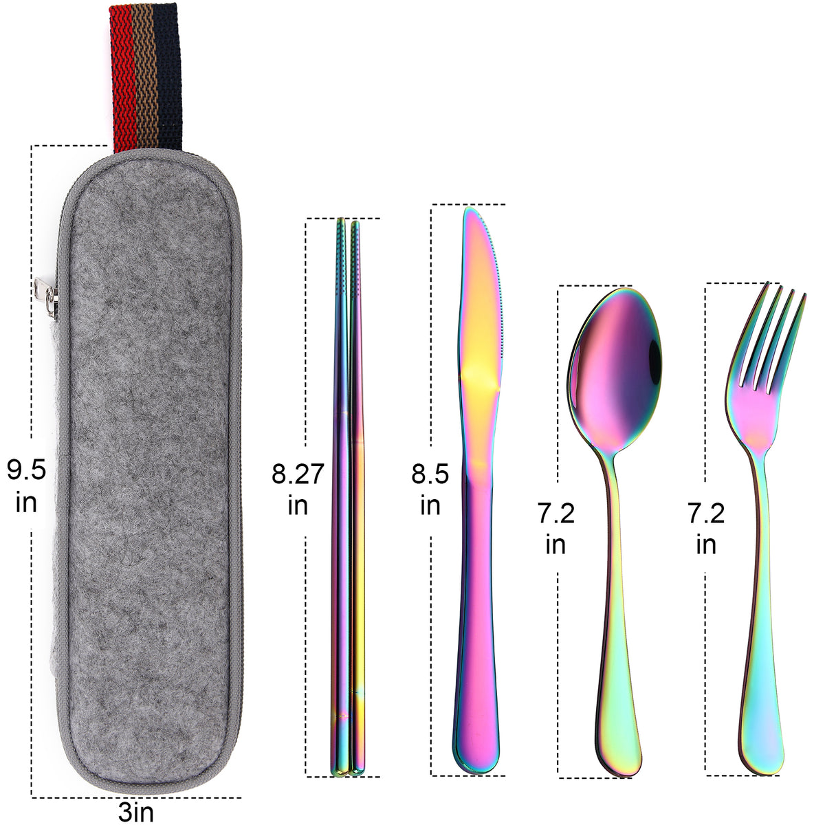 DEVICO Camping Utensils, Portable Travel Utensils with Case, Stainless Steel Reusable Silverware for Lunch Adult, 5Pcs Cutlery Set Includes Knife Spoon Fork Chopsticks and Case (Rainbow)