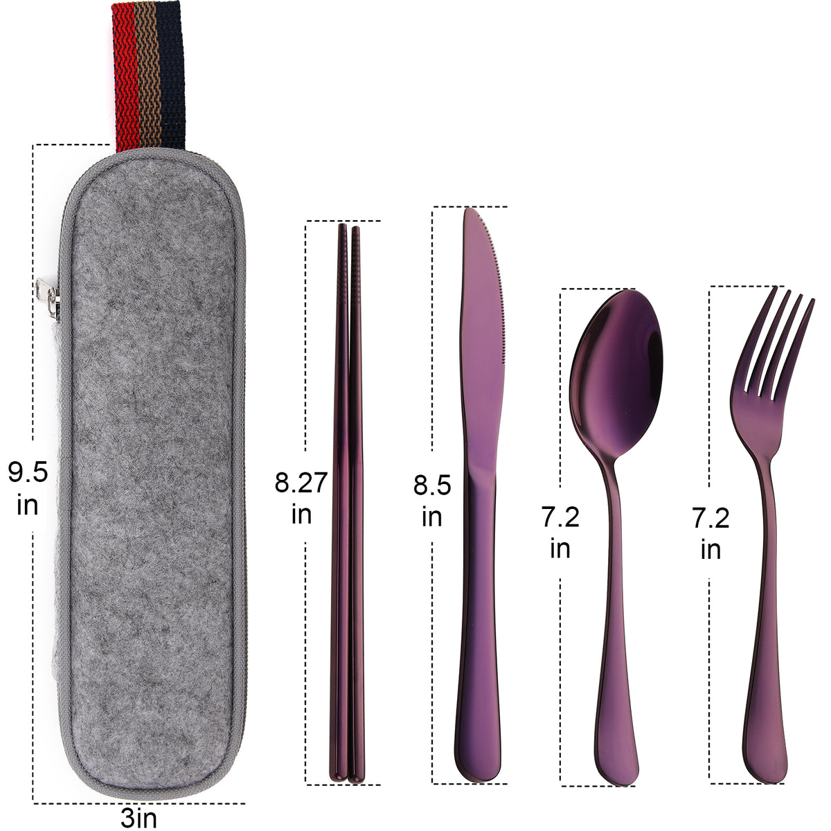 DEVICO Camping Utensils, Portable Travel Utensils with Case, Stainless Steel Reusable Silverware for Lunch Adult, 5Pcs Cutlery Set Includes Knife Spoon Fork Chopsticks and Case (Purple)