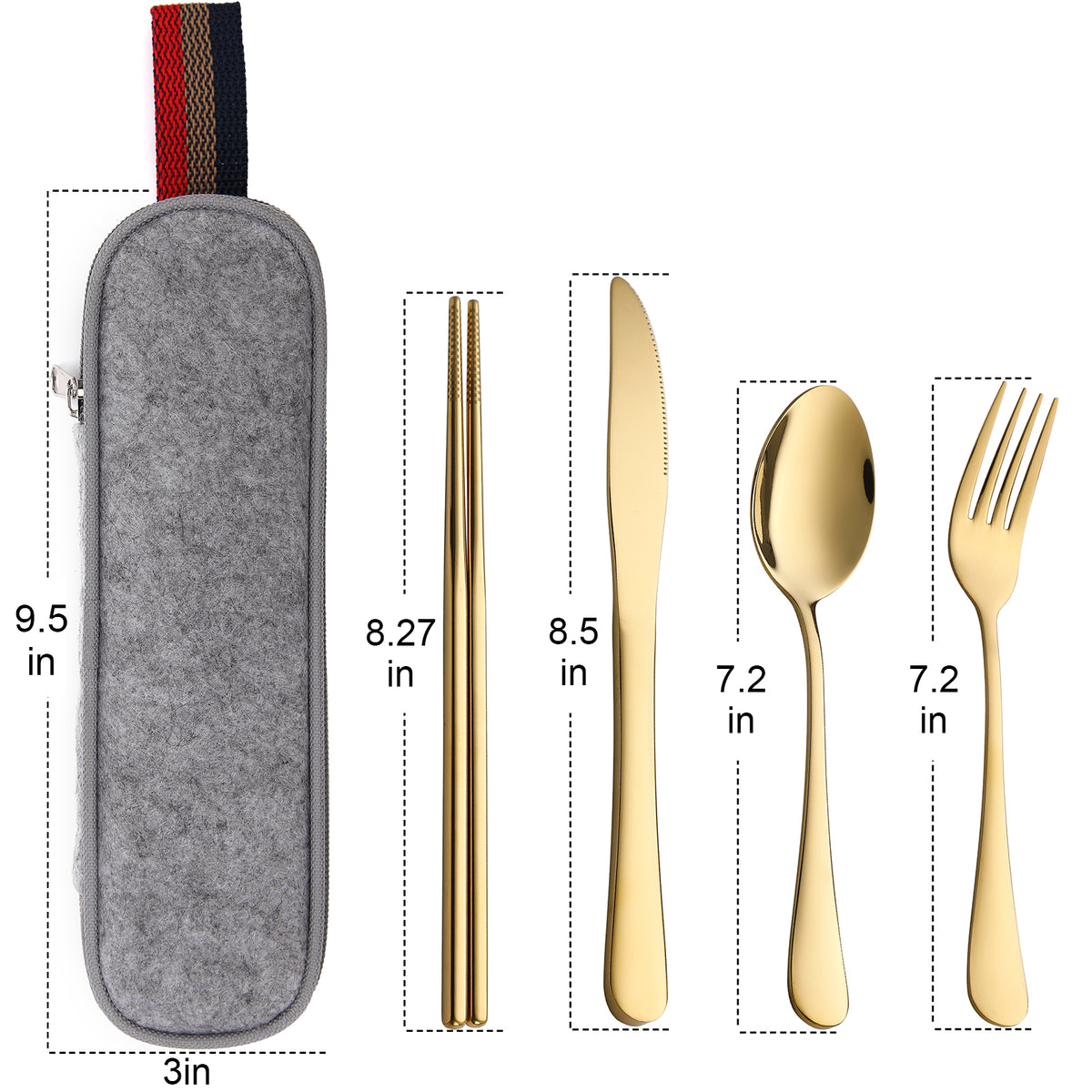 DEVICO Camping Utensils, Portable Travel Utensils with Case, Stainless Steel Reusable Silverware for Lunch Adult, 5Pcs Cutlery Set Includes Knife Spoon Fork Chopsticks and Case (Gold)