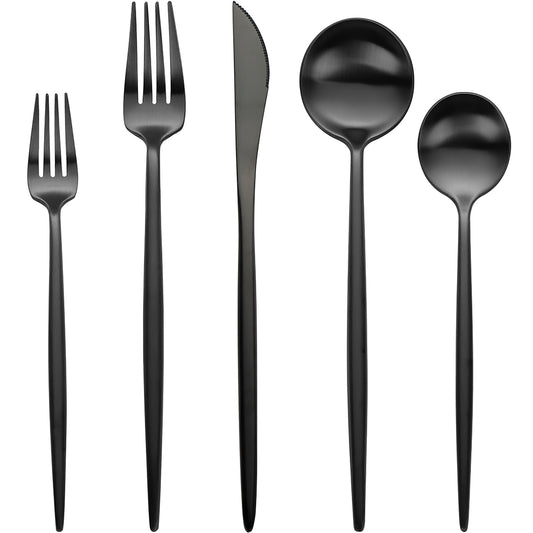 Devico Matte Silverware Set, 20-Piece 18/10 Stainless Steel Flatware Cutlery Utensils Tableware Set Service for 4, Satin Finish, Dishwasher Safe (4 sets, Black)