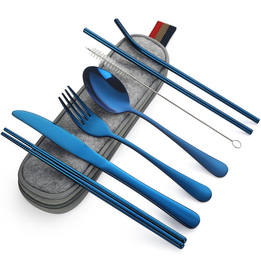 Devico Portable Utensils, Travel Camping Cutlery Set, 8-Piece including Knife Fork Spoon Chopsticks Cleaning Brush Straws Portable Case, Stainless Steel Flatware set (8-piece Blue)