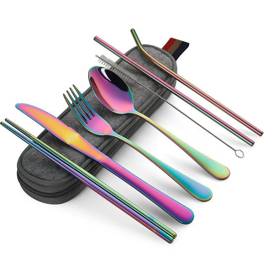 Devico Portable Utensils, Travel Camping Cutlery Set, 8-Piece including Knife Fork Spoon Chopsticks Cleaning Brush Straws Portable Case, Stainless Steel Flatware set (8-piece Rainbow)