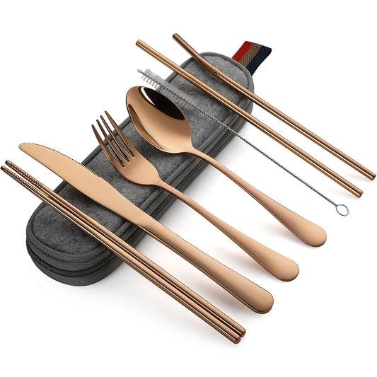 Devico Portable Utensils, Travel Camping Cutlery Set, 8-Piece including Knife Fork Spoon Chopsticks Cleaning Brush Straws Portable Case, Stainless Steel Flatware set (8-piece Rose gold)