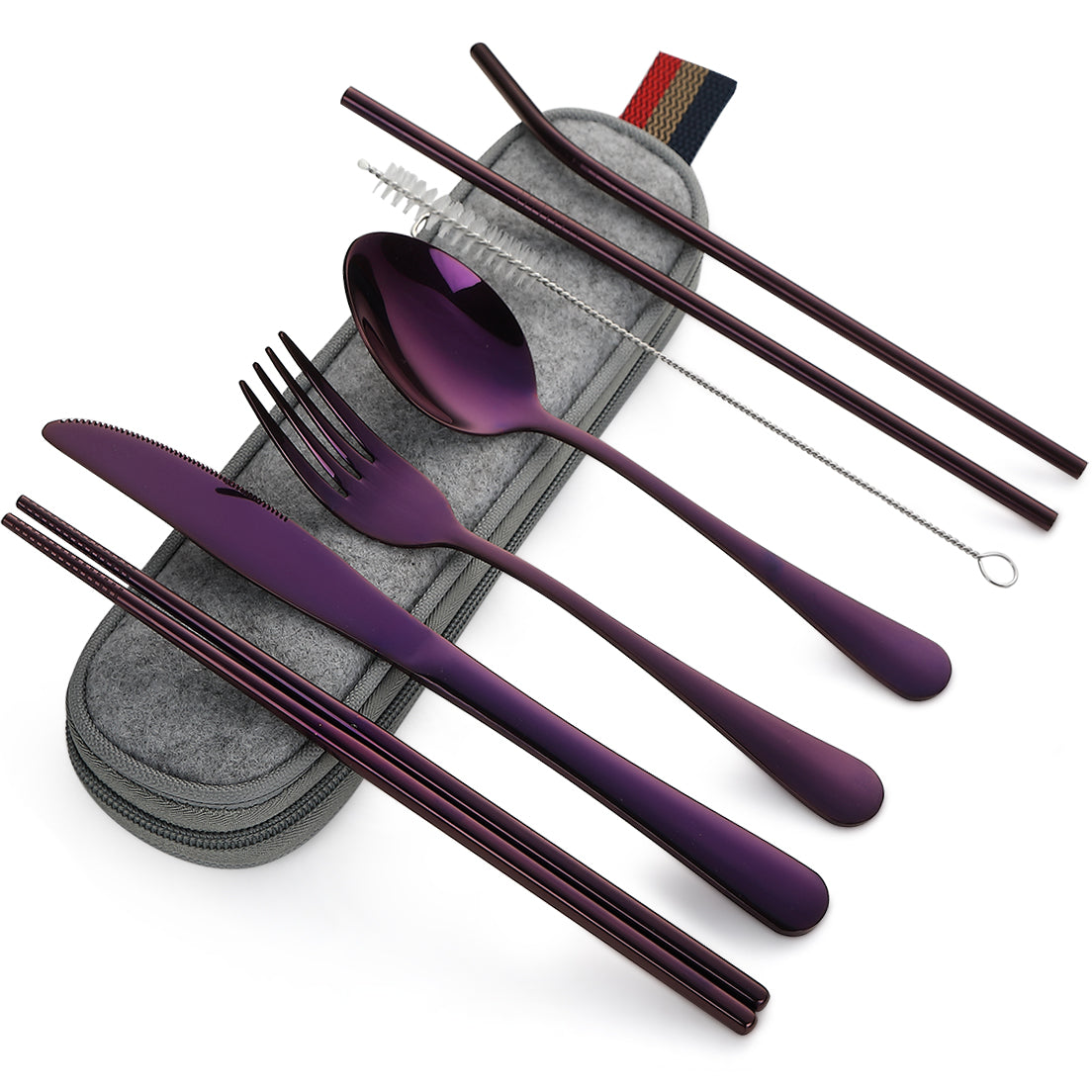 Devico Portable Utensils, Travel Camping Cutlery Set, 8-Piece including Knife Fork Spoon Chopsticks Cleaning Brush Straws Portable Case, Stainless Steel Flatware set (8-piece Purple)