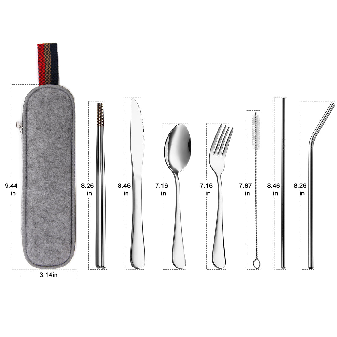 Devico Portable Utensils, Travel Camping Cutlery Set, 8-Piece including Knife Fork Spoon Chopsticks Cleaning Brush Straws Portable Case, Stainless Steel Flatware set (8-piece Silver)