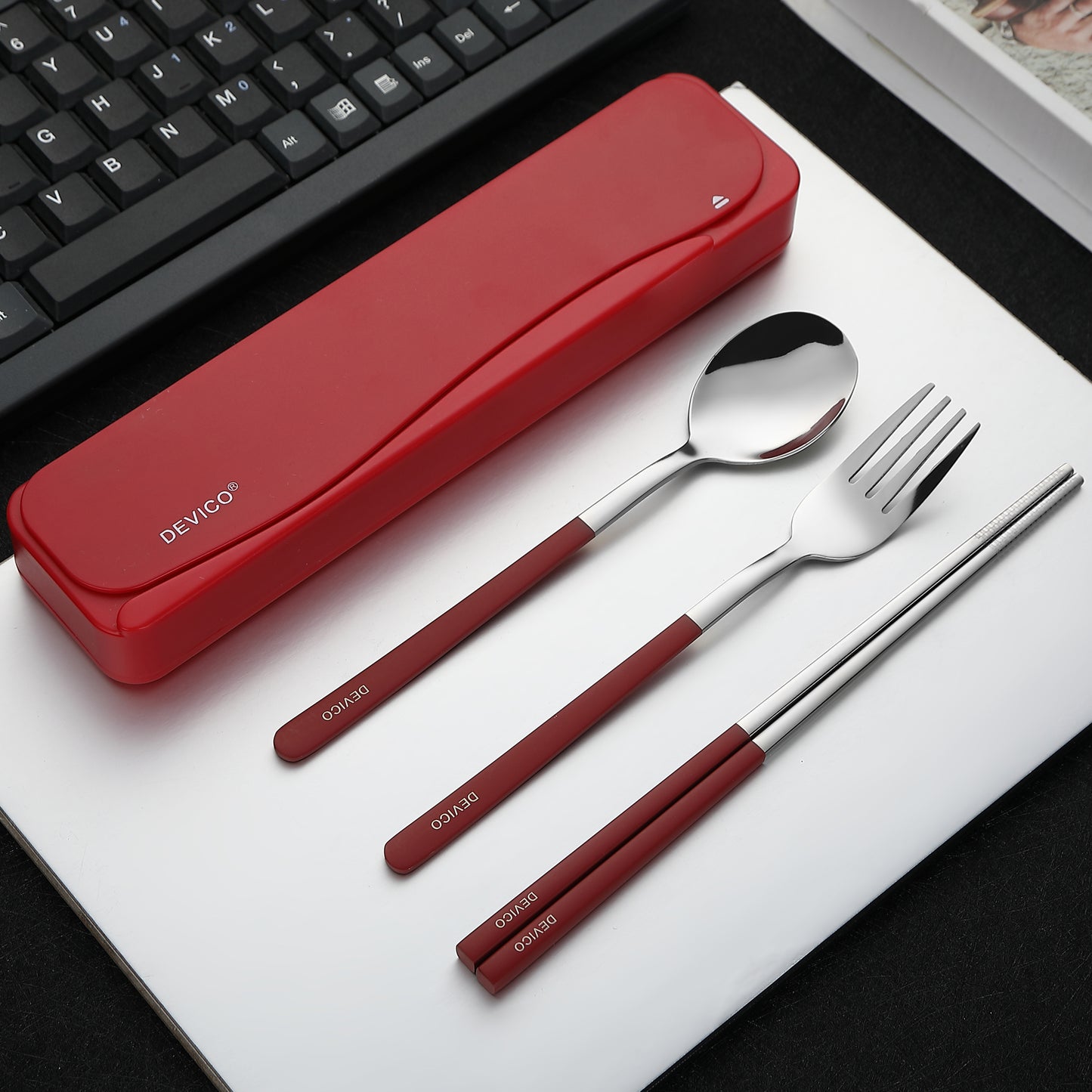 DEVICO Travel Utensils, 18/8 Stainless Steel 4pcs Cutlery Set Portable Camp Reusable Flatware Silverware, Include Fork Spoon Chopsticks with Case (Red)