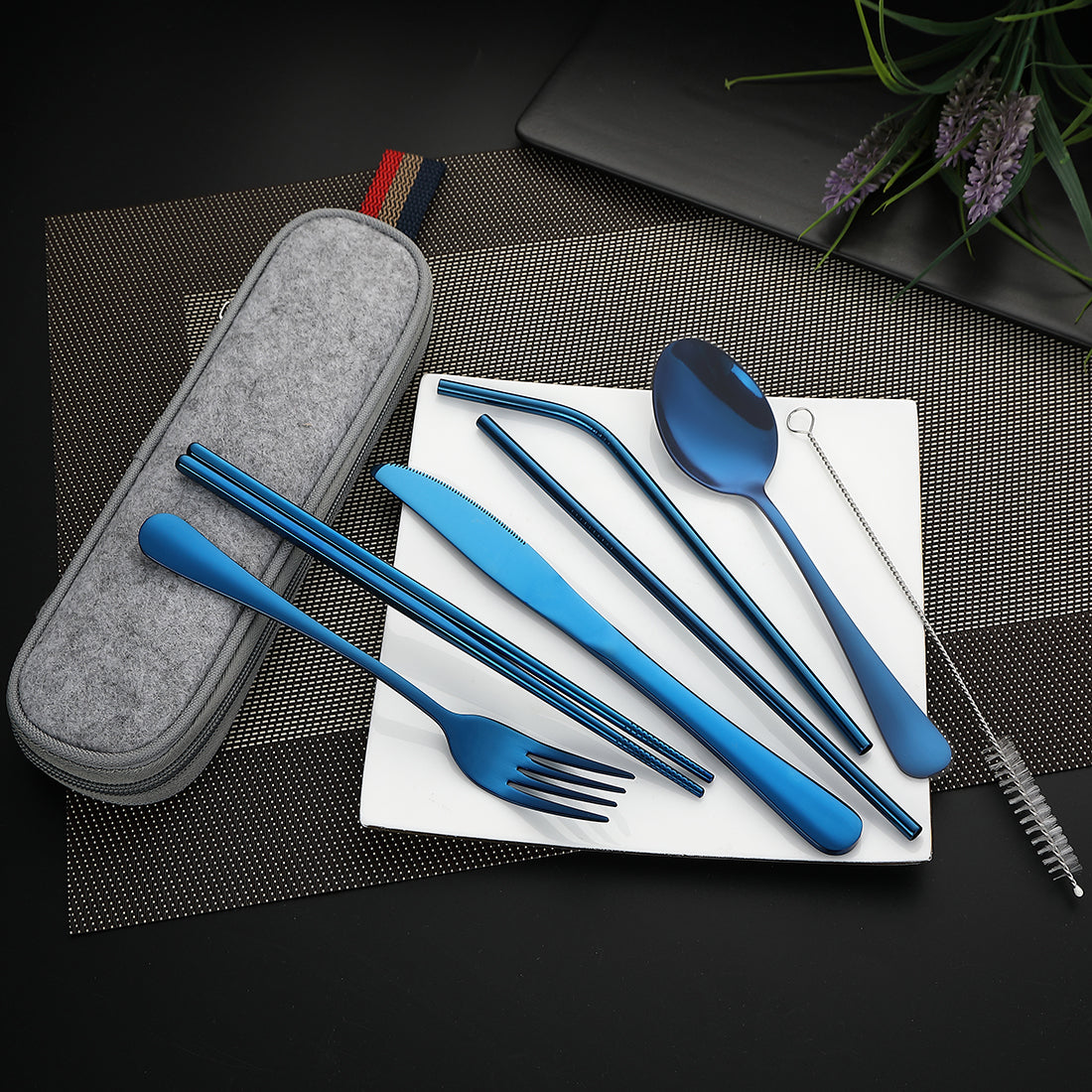 Devico Portable Utensils, Travel Camping Cutlery Set, 8-Piece including Knife Fork Spoon Chopsticks Cleaning Brush Straws Portable Case, Stainless Steel Flatware set (8-piece Blue)