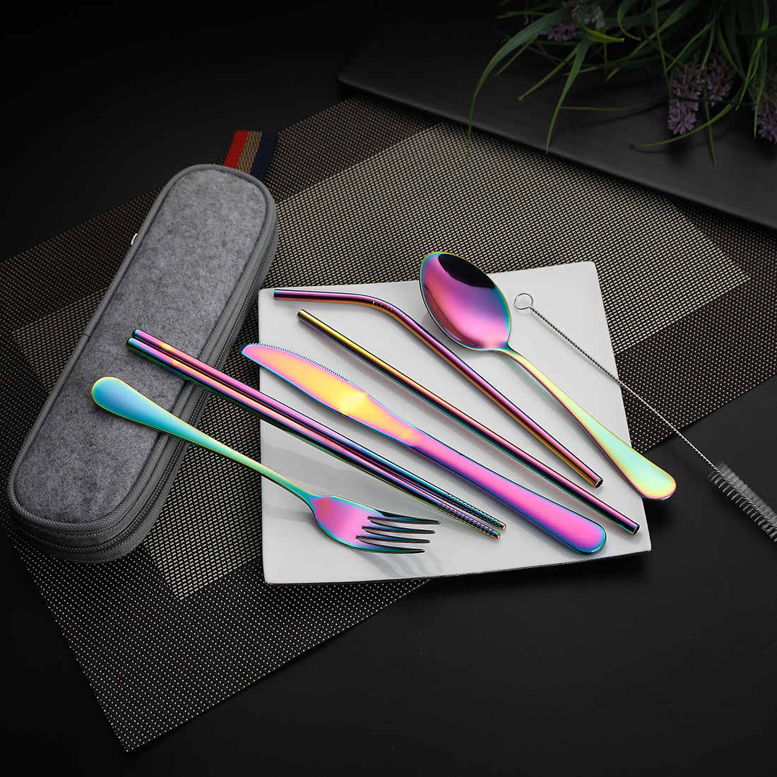 Devico Portable Utensils, Travel Camping Cutlery Set, 8-Piece including Knife Fork Spoon Chopsticks Cleaning Brush Straws Portable Case, Stainless Steel Flatware set (8-piece Rainbow)