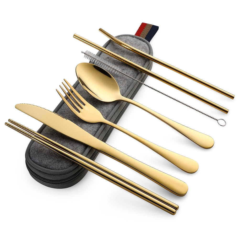 Devico Portable Utensils, Travel Camping Cutlery Set, 8-Piece including Knife Fork Spoon Chopsticks Cleaning Brush Straws Portable Case, Stainless Steel Flatware set (8-piece Gold)