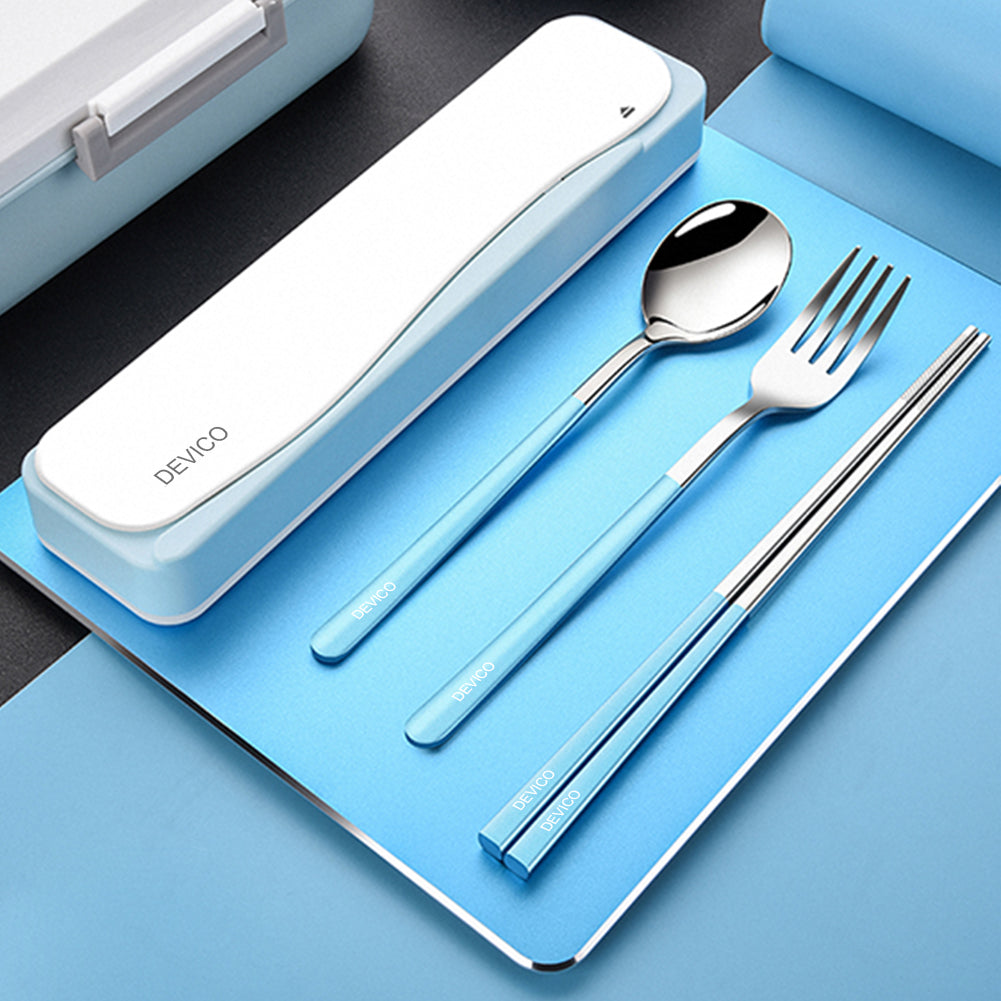 DEVICO Travel Utensils, 18/8 Stainless Steel 4pcs Cutlery Set Portable Camp Reusable Flatware Silverware, Include Fork Spoon Chopsticks with Case (Blue)