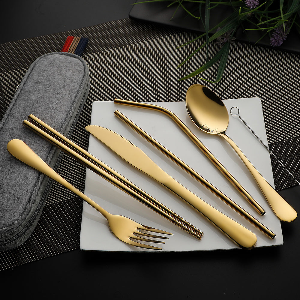 Devico Portable Utensils, Travel Camping Cutlery Set, 8-Piece including Knife Fork Spoon Chopsticks Cleaning Brush Straws Portable Case, Stainless Steel Flatware set (8-piece Gold)