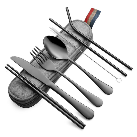 Devico Portable Utensils, Travel Camping Cutlery Set, 8-Piece including Knife Fork Spoon Chopsticks Cleaning Brush Straws Portable Case, Stainless Steel Flatware set (8-piece Black)
